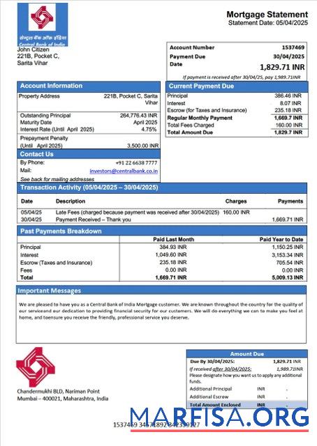 Printable India Central Bank of India mortgage statement Word and PDF template